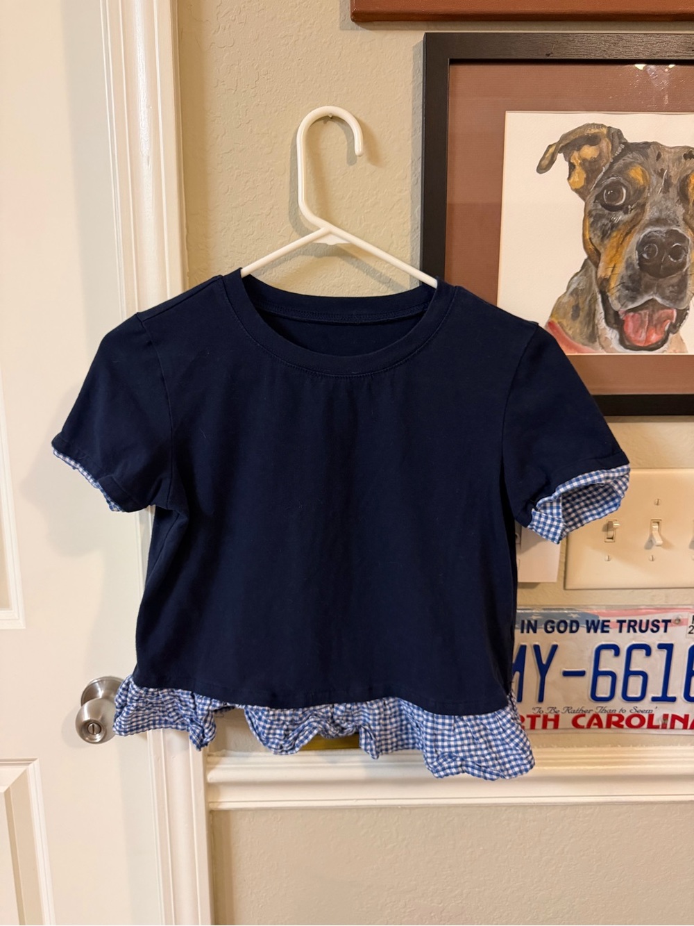 SHEIN Navy Short Sleeve Tee with Blue Gingham Ruffle Hem